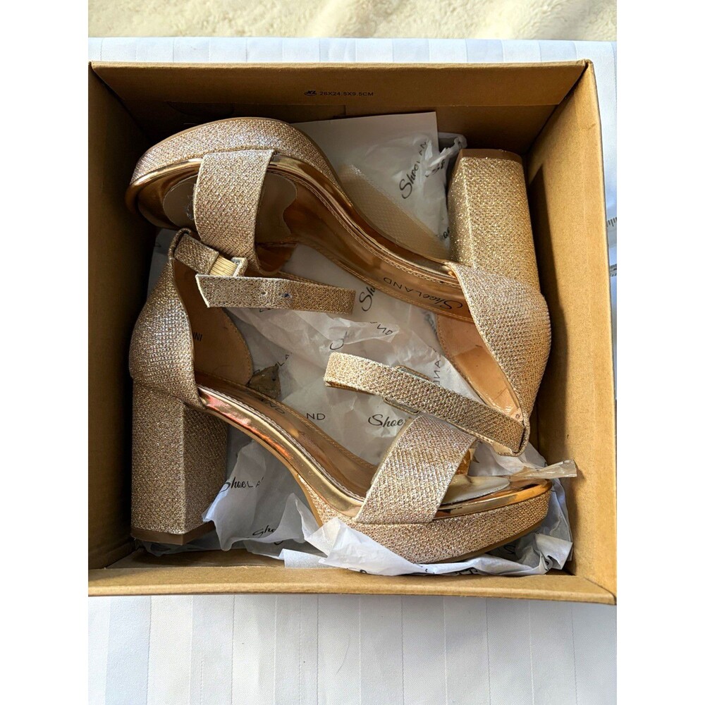 ShoeLand Women’s Gold Glitter Strappy Open Toe Ankle Strap Block Heels 6